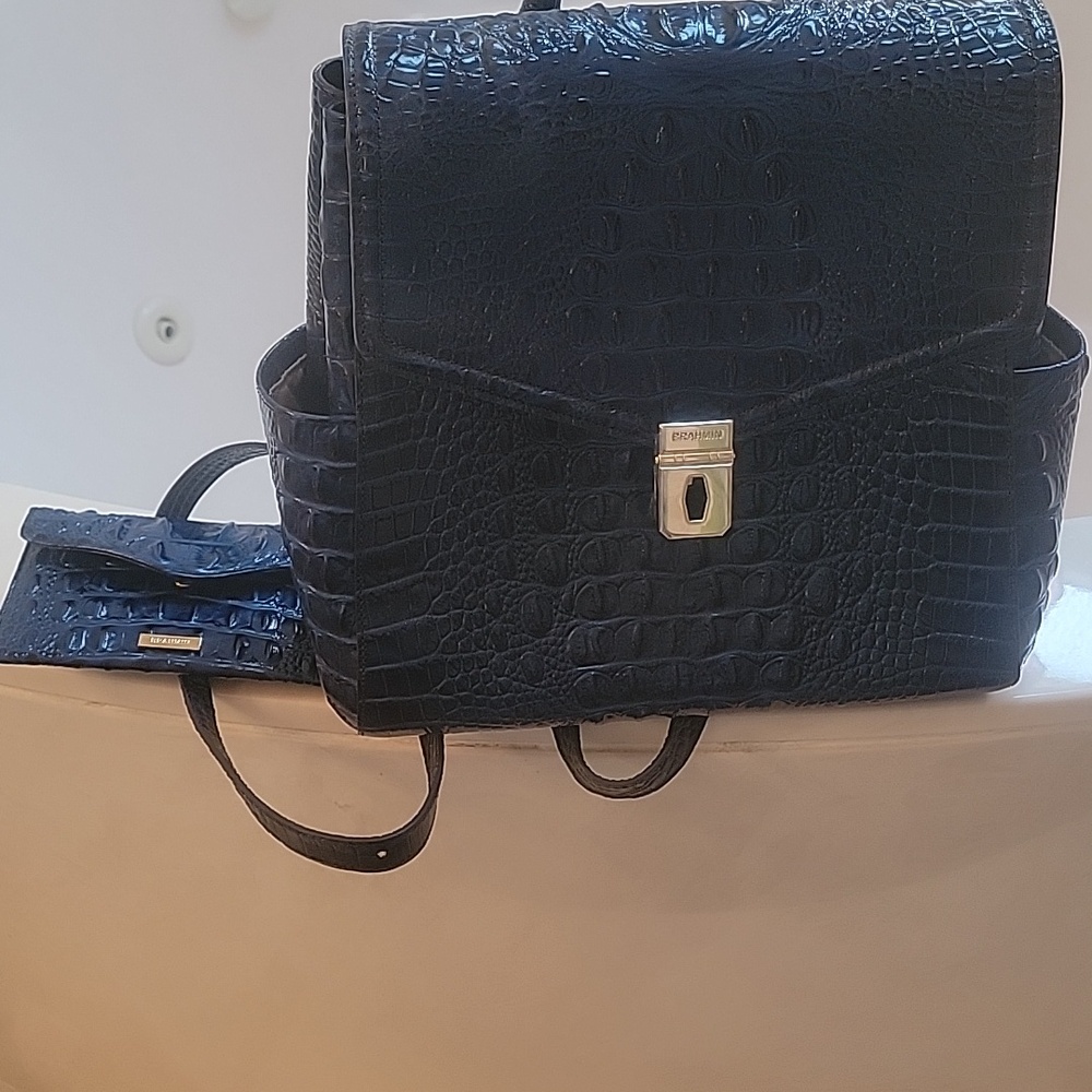 Brahmin Navy Croc-Embossed Backpack with Matching Wallet